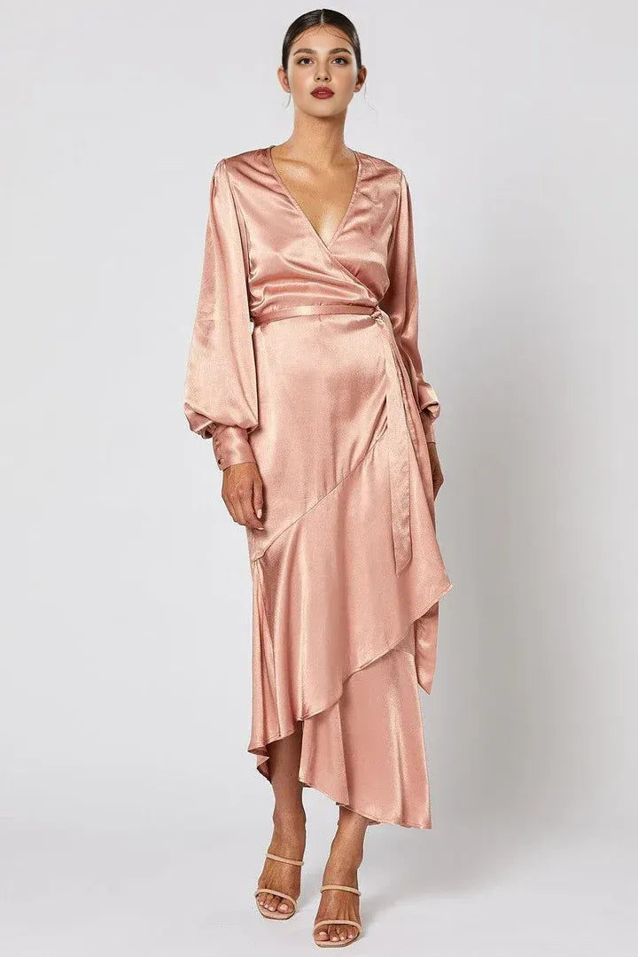 Cheap Fitted V Neck Long Sleeve Satin Ankle-Length Prom Dress