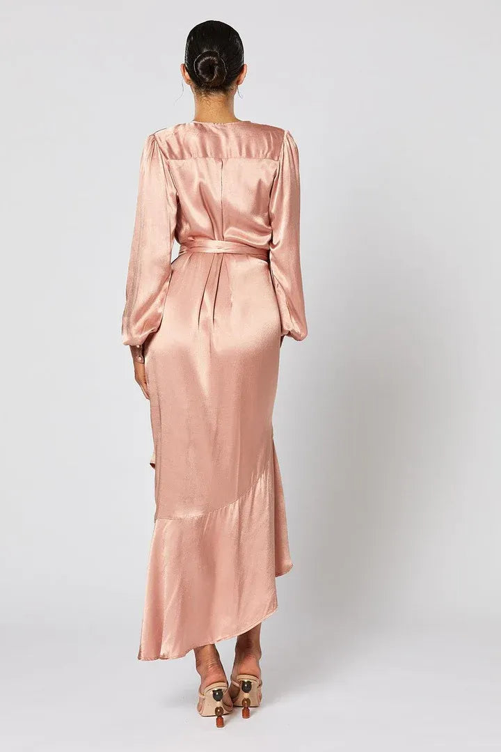 Cheap Fitted V Neck Long Sleeve Satin Ankle-Length Prom Dress
