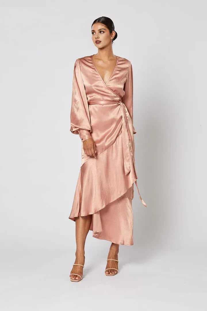 Cheap Fitted V Neck Long Sleeve Satin Ankle-Length Prom Dress