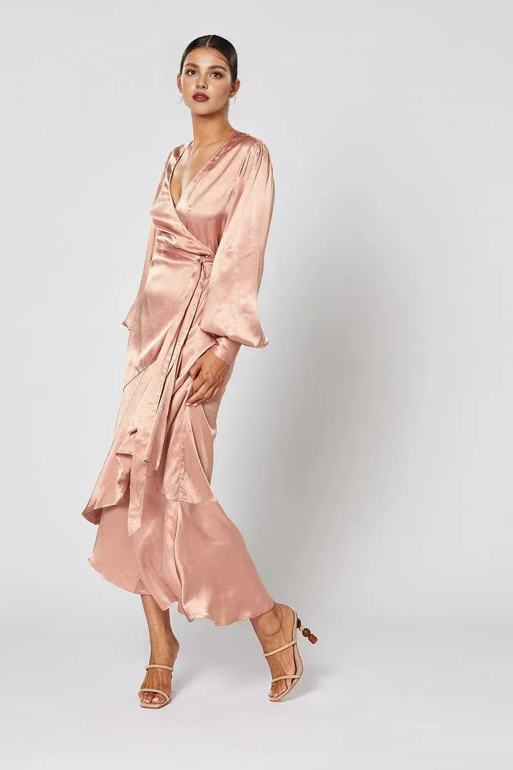 Cheap Fitted V Neck Long Sleeve Satin Ankle-Length Prom Dress