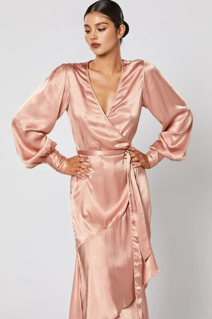Cheap Fitted V Neck Long Sleeve Satin Ankle-Length Prom Dress