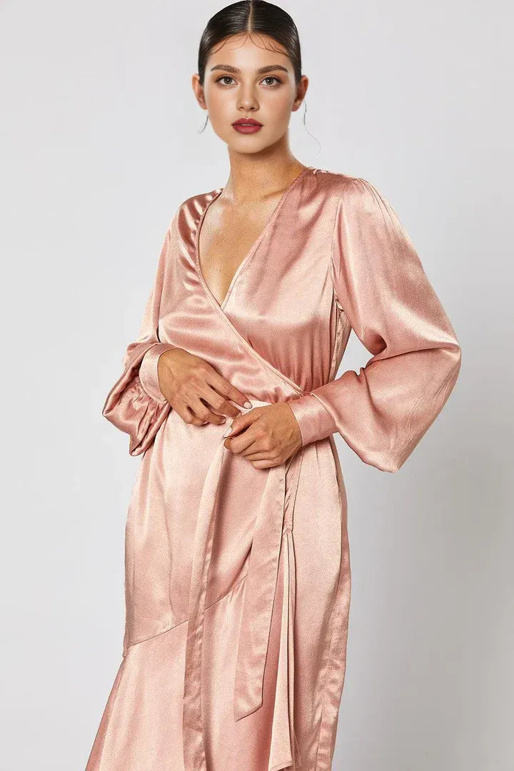 Cheap Fitted V Neck Long Sleeve Satin Ankle-Length Prom Dress
