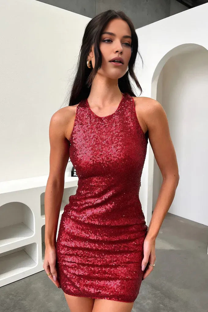 Cheap Sheath Halter Neck Sleeveless Sequins Crisscross Back Short-Mini Homecoming Dress