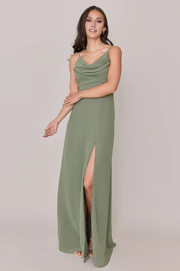 Cheap Fitted A-line Cowl Neck Sleeveless Solid Color Ankle-Length Bridesmaid Dress