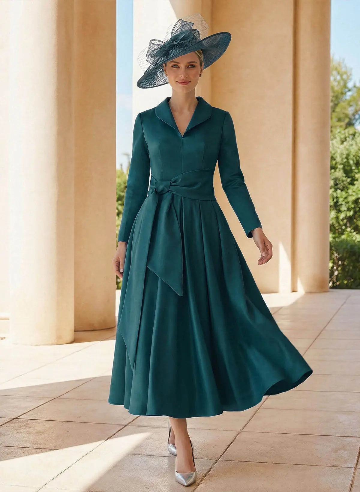 Chic A-Line Collared V-Neck Long Sleeve Teal Satin Midi Mother of the Bride Dress with Waist Sash