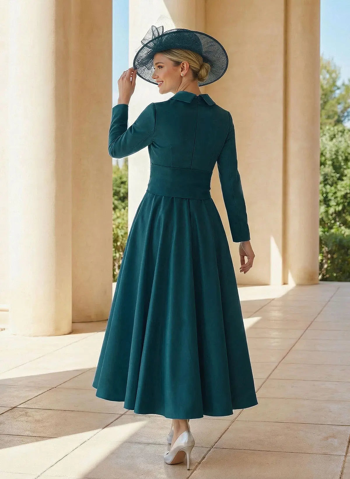 Chic A-Line Collared V-Neck Long Sleeve Teal Satin Midi Mother of the Bride Dress with Waist Sash