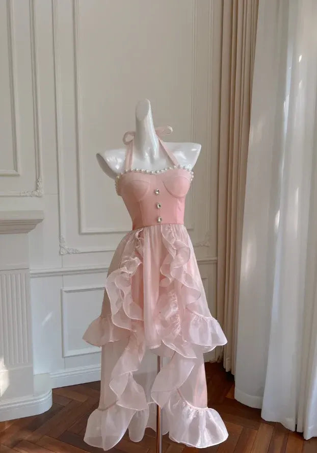 Chic A-Line Halter Neck Sleeveless Organza High Low Prom Dress