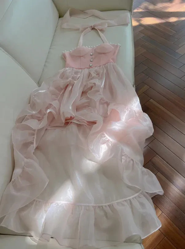 Chic A-Line Halter Neck Sleeveless Organza High Low Prom Dress