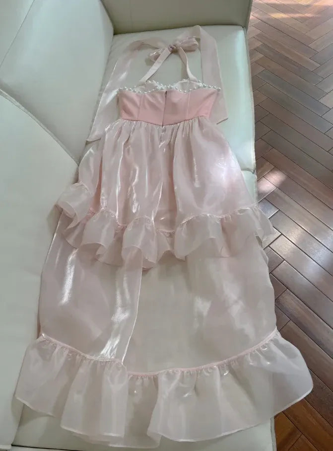 Chic A-Line Halter Neck Sleeveless Organza High Low Prom Dress