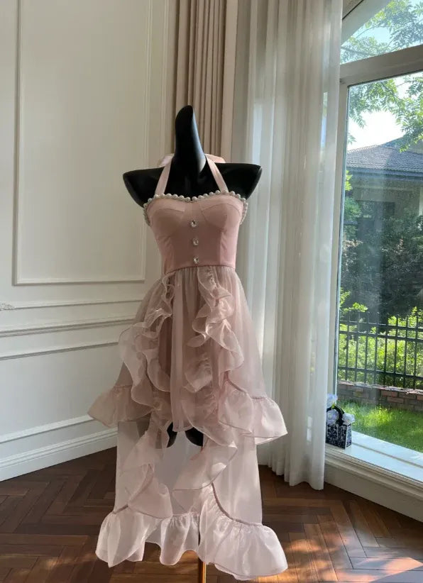 Chic A-Line Halter Neck Sleeveless Organza High Low Prom Dress