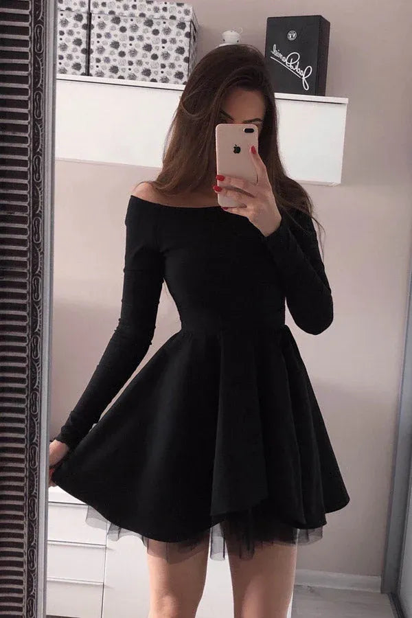 Chic A-Line Off Shoulder Long Sleeve Satin Mini Homecoming Dress