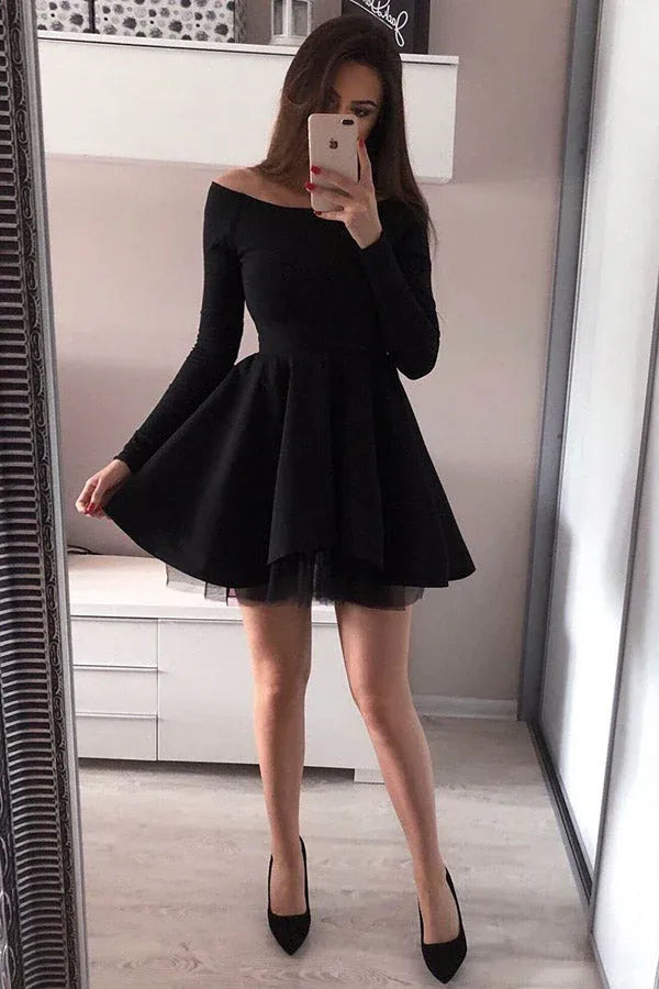 Chic A-Line Off Shoulder Long Sleeve Satin Mini Homecoming Dress