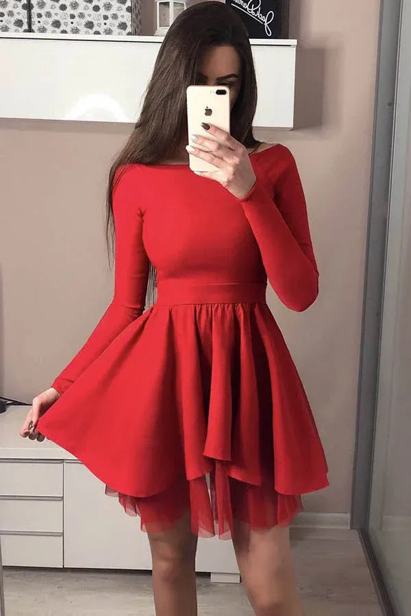 Chic A-Line Off Shoulder Long Sleeve Satin Mini Homecoming Dress