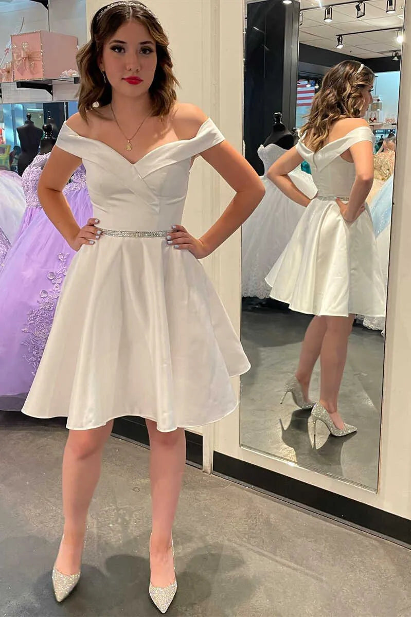 Chic A-Line Off Shoulder Sleeveless Satin Mini Homecoming Dress