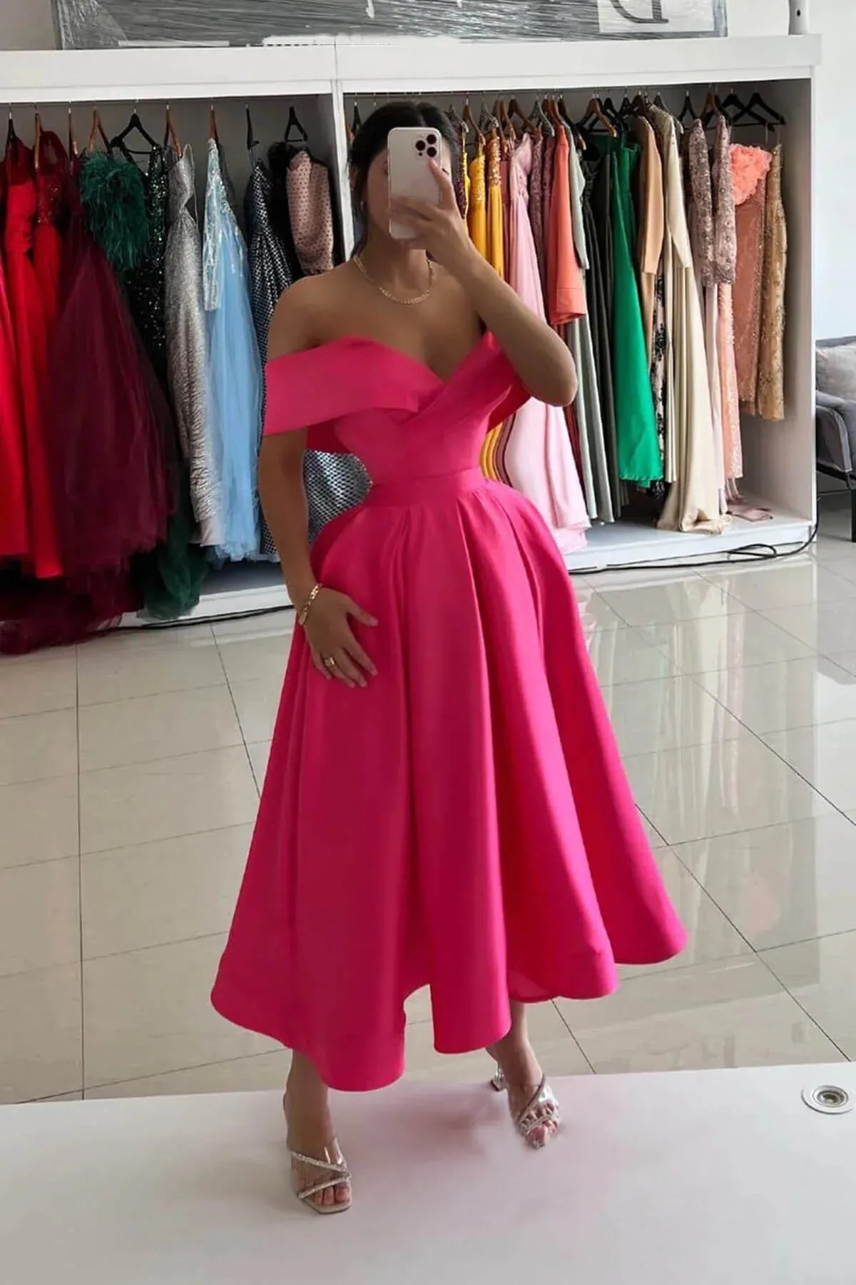 Chic A-Line Off Shoulder Sleeveless Satin Tea-Length Homecoming Dress