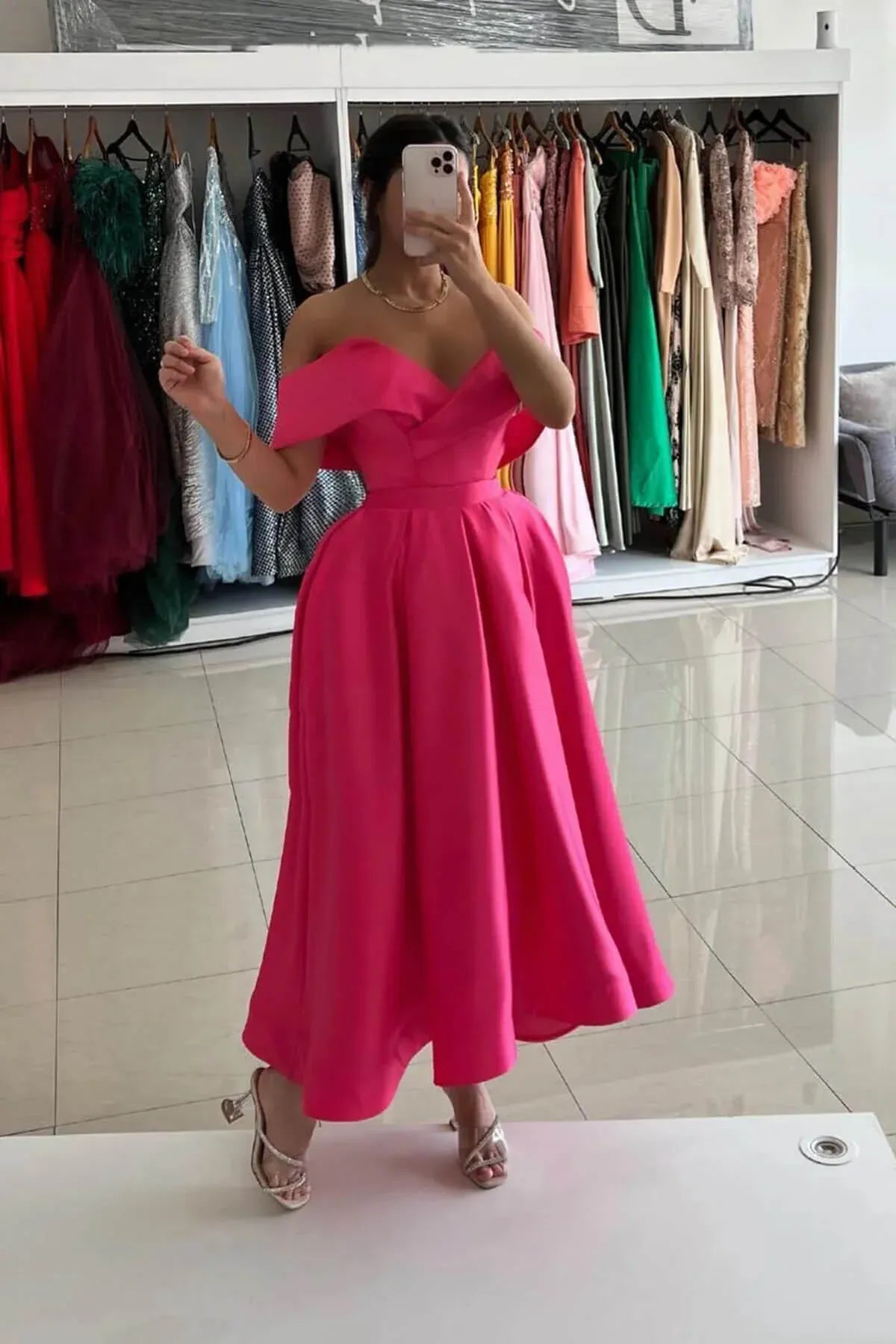 Chic A-Line Off Shoulder Sleeveless Satin Tea-Length Homecoming Dress