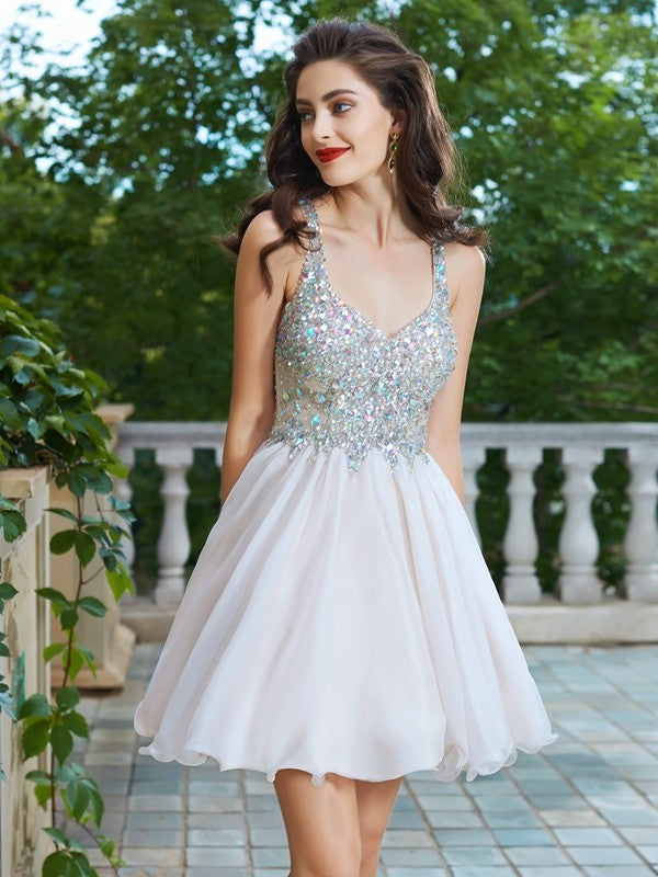 Elegant A-Line Princess V-Neck dress with rhinestone straps and short chiffon skirt.