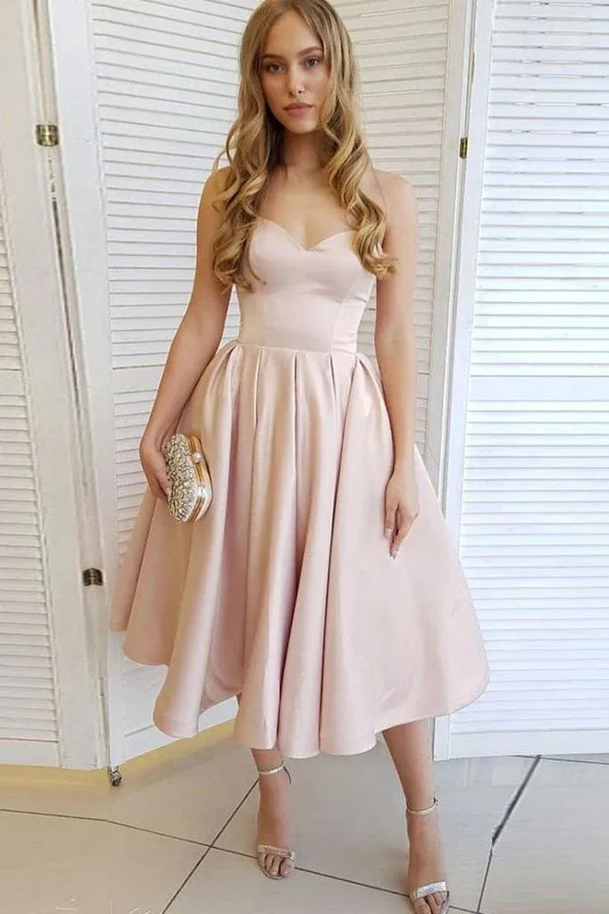 Chic A-Line Strapless Sweetheart Neck Satin Midi Homecoming Dress