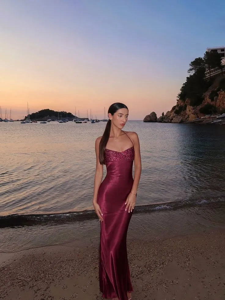 Chic Mermaid Halter Neck Sequin Bodice Satin Floor-Length Evening Maxi Dress