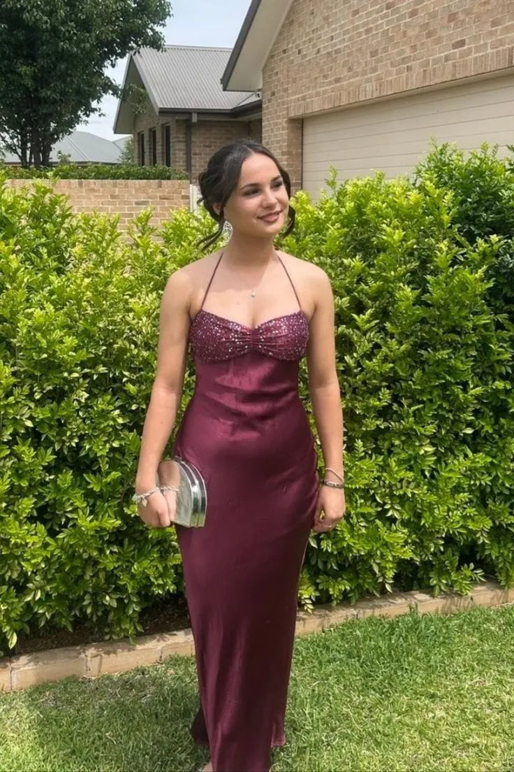 Chic Mermaid Halter Neck Sequin Bodice Satin Floor-Length Evening Maxi Dress