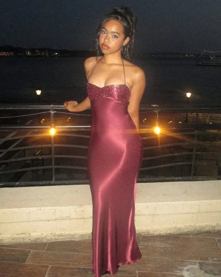 Chic Mermaid Halter Neck Sequin Bodice Satin Floor-Length Evening Maxi Dress
