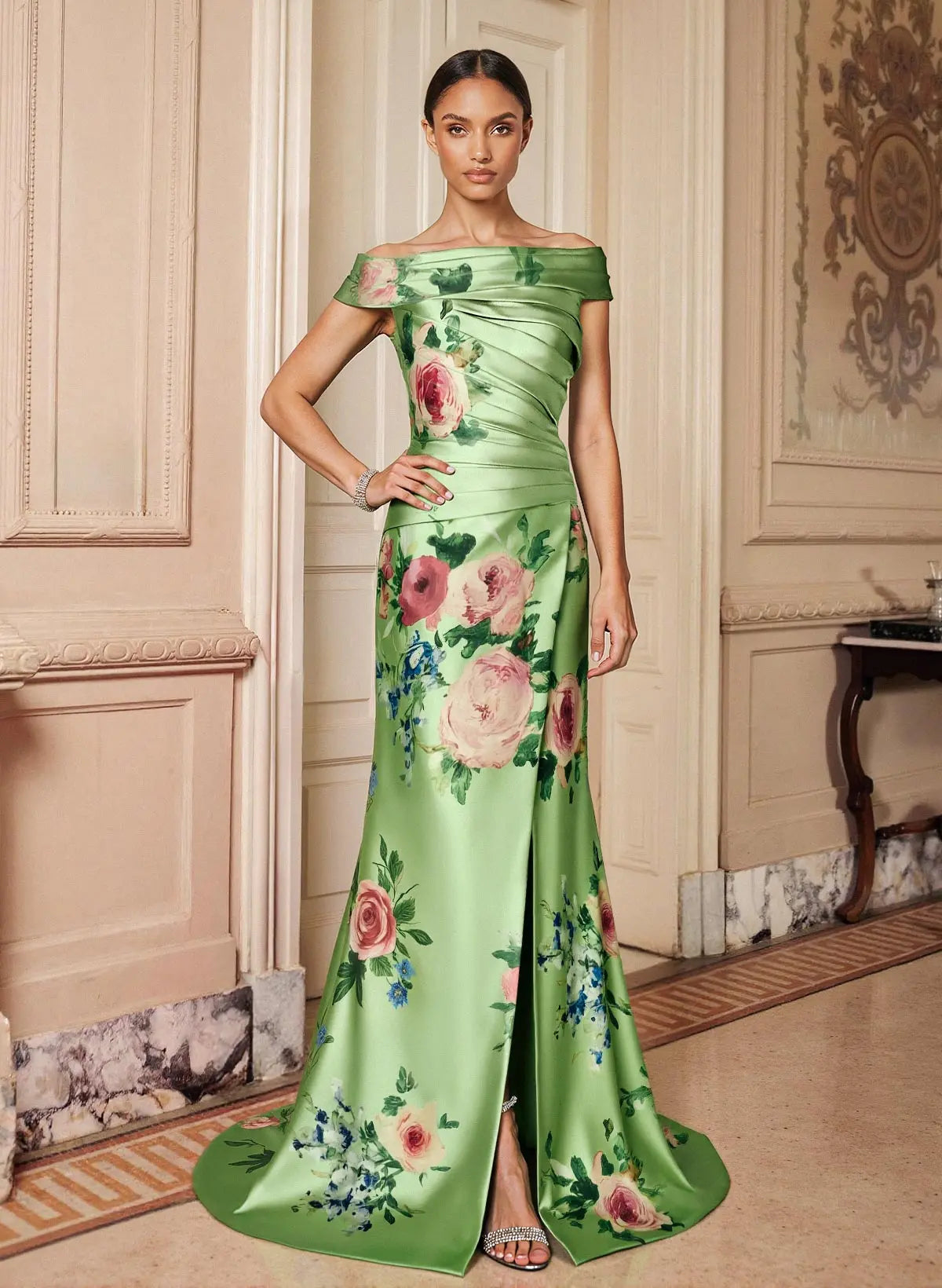 Chic Mermaid Off-the-Shoulder Green Floral Print Satin Mother of the Bride Dress
