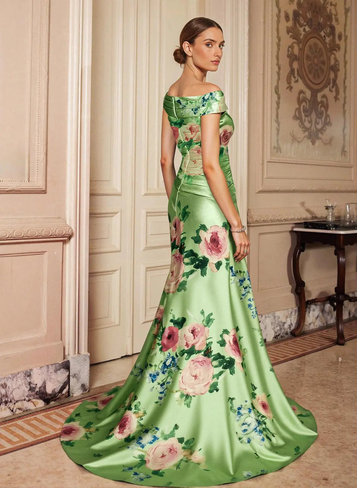 Chic Mermaid Off-the-Shoulder Green Floral Print Satin Mother of the Bride Dress
