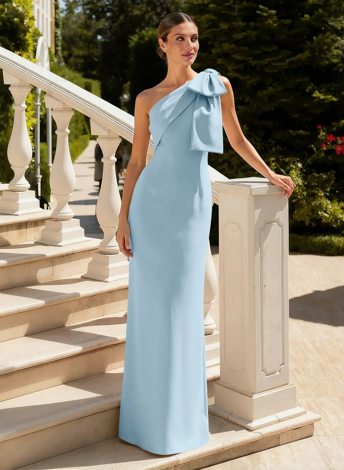 Chic Mermaid One-Shoulder Bow Detail Light Blue Evening Gown Mother of the Bride Dress