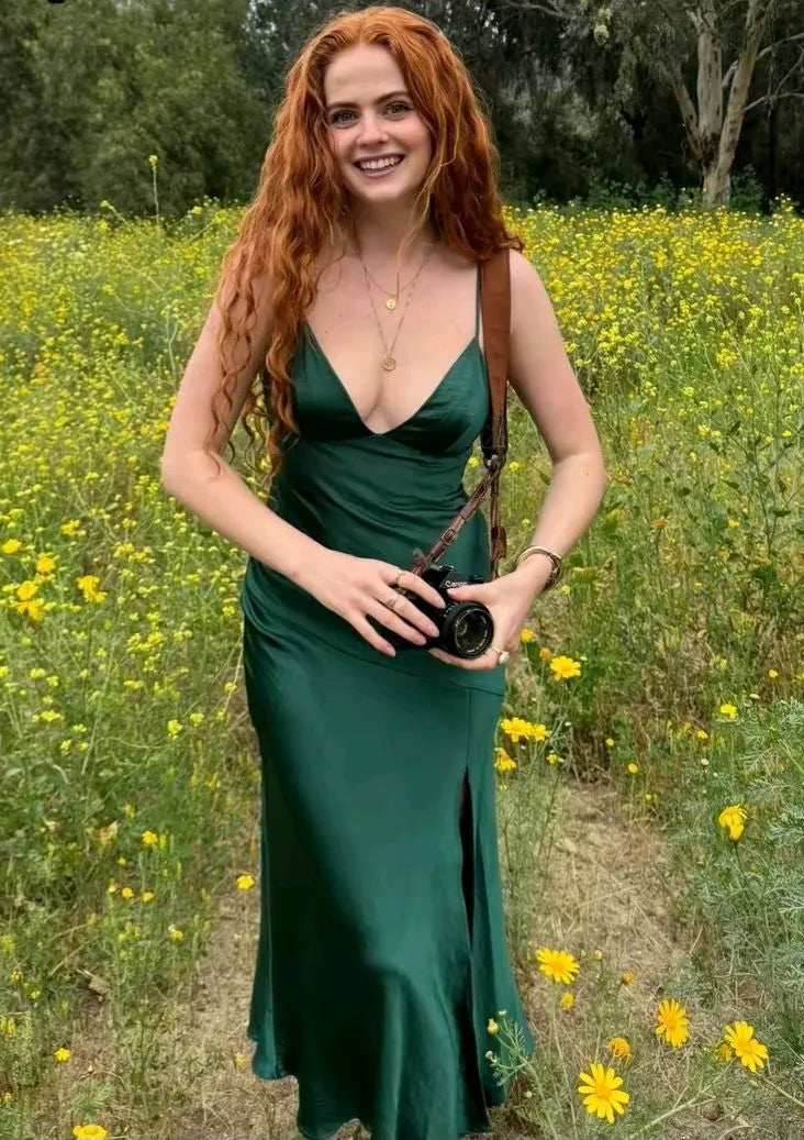 Chic Mermaid Spaghetti Strap V-Neck Sleeveless Floor-Length Casual Satin Maxi Dress