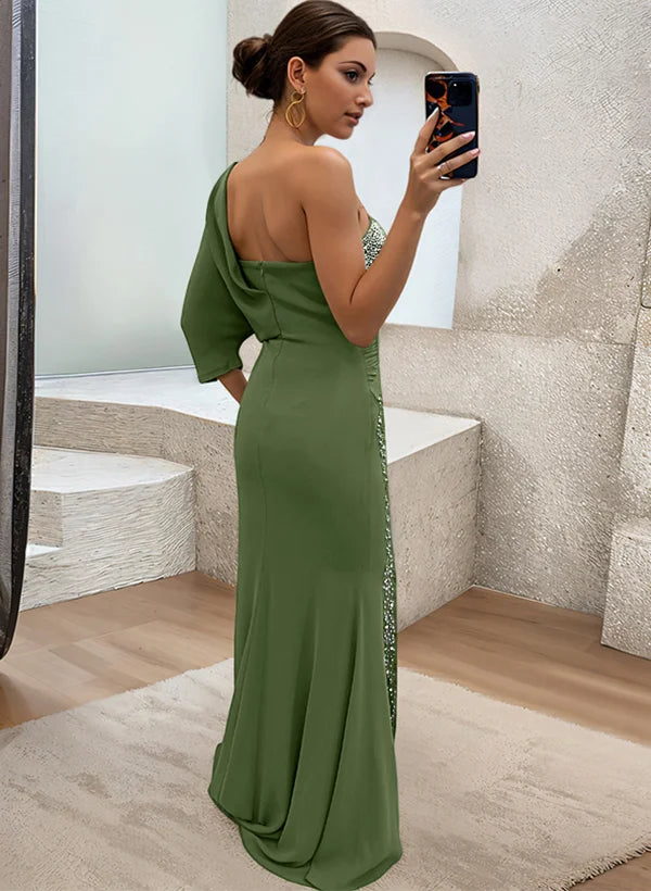 Chic Olive Green One-Shoulder Draped Sleeve Mermaid Evening Gown with Beaded Slit Mother of the Bride Dress