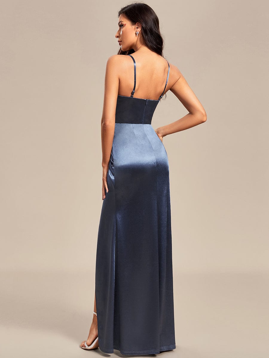 Back view of a woman wearing a red satin bodycon dress, showcasing the silhouette.