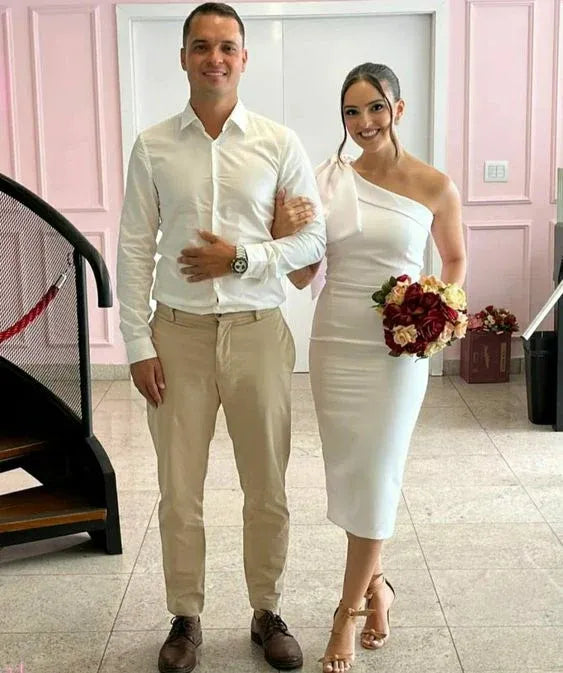 Chic Sheath One Shoulder Single Sleeve Midi Cocktail Dress