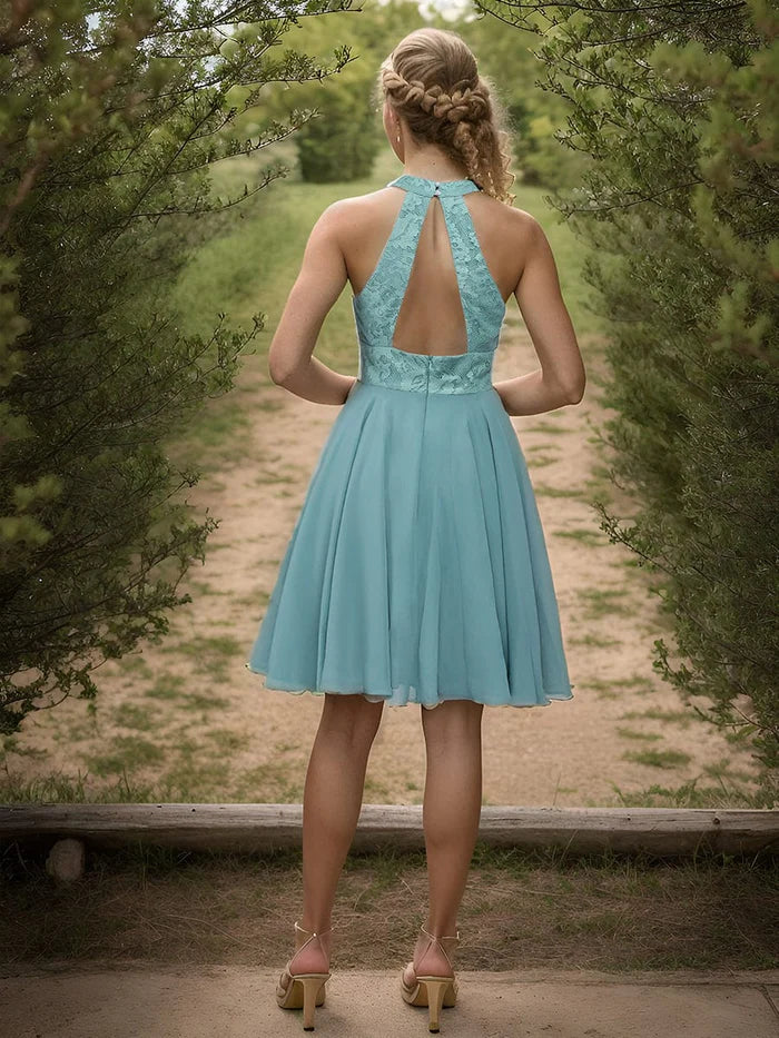 Back view of the light blue short lace halter neck backless chiffon dress, showing the open back.