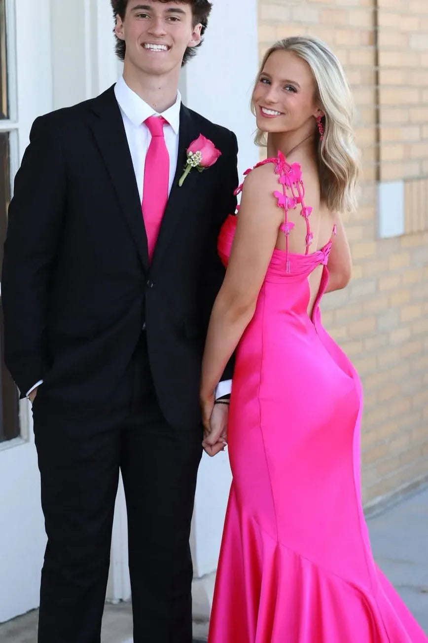 Chic Spaghetti Strap Butterfly Detail Satin Mermaid Prom Dress