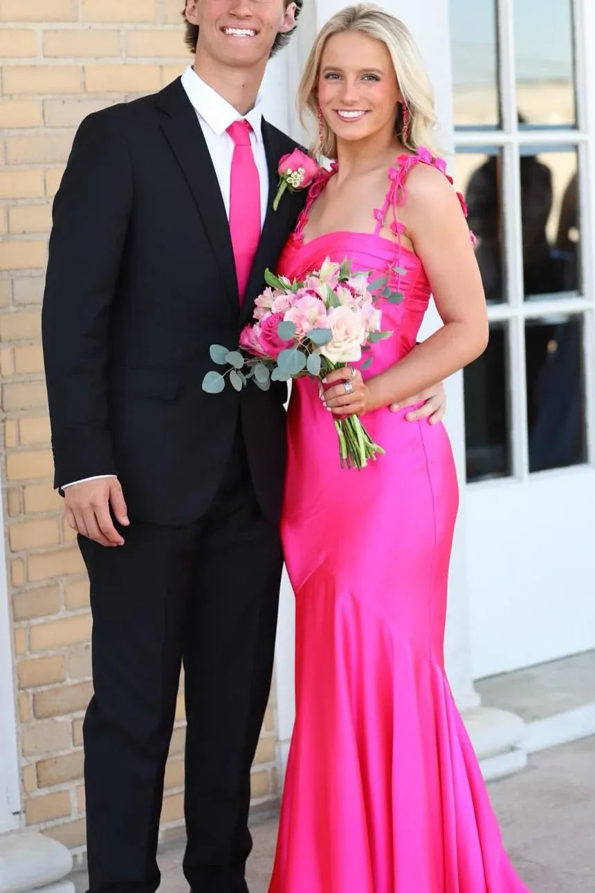 Chic Spaghetti Strap Butterfly Detail Satin Mermaid Prom Dress