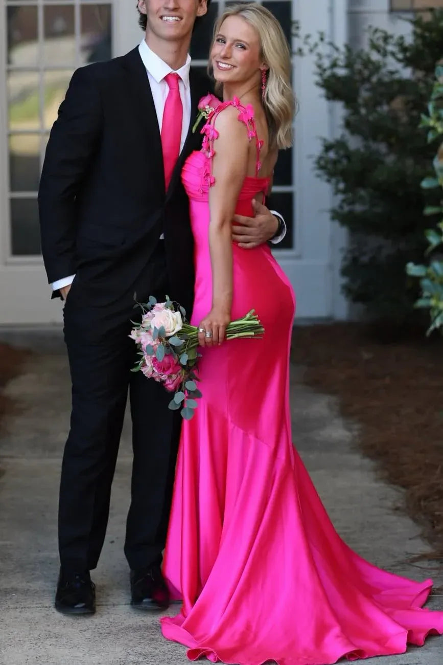 Chic Spaghetti Strap Butterfly Detail Satin Mermaid Prom Dress