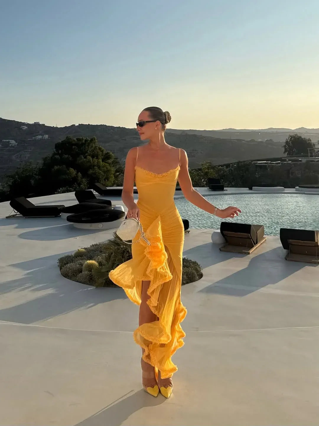 Chic Spaghetti Strap Ruched Ruffle High Slit Chiffon Maxi Dress