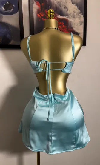 Chic Spaghetti Strap Satin Mini Dress with Cutout & Tie Back