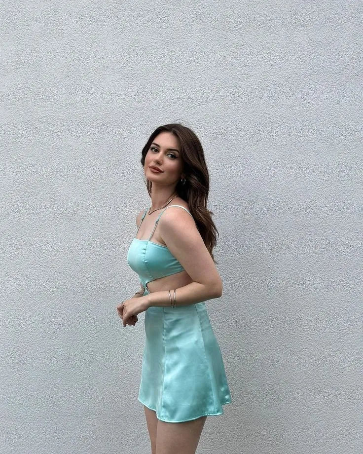 Chic Spaghetti Strap Satin Mini Dress with Cutout & Tie Back