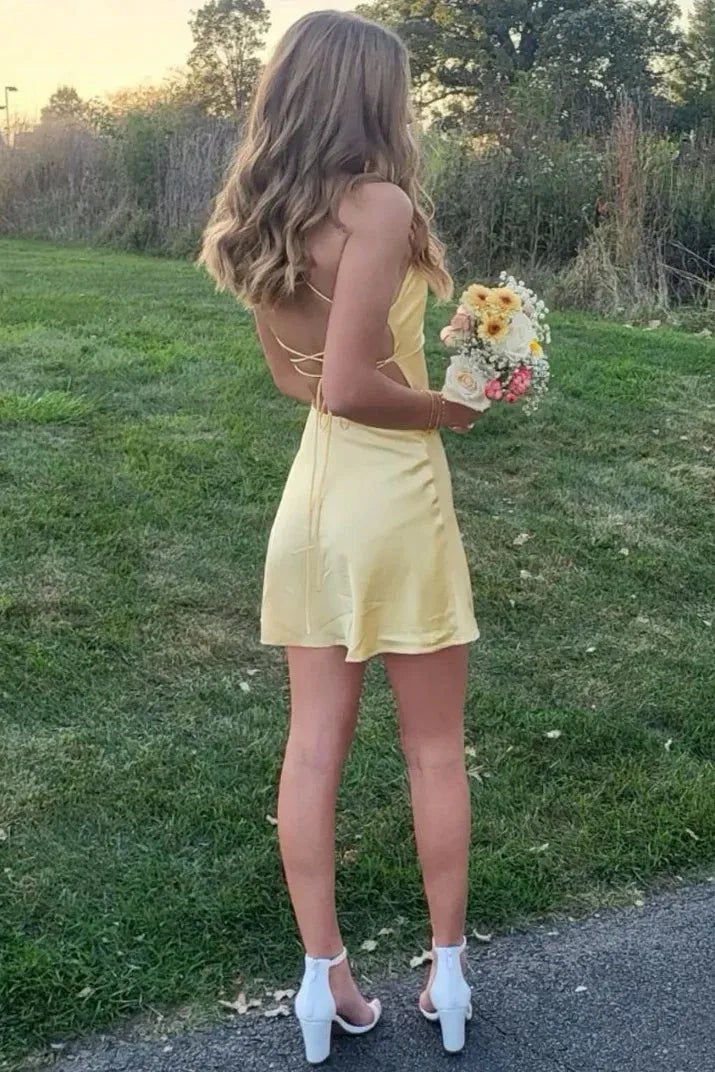 Chic Spaghetti Strap Satin Mini Dress with Lace-Up Back