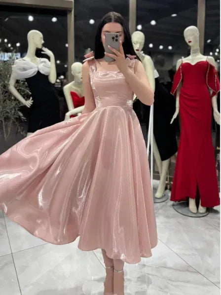 Chic Square Neck Sleeveless Bow Detail Satin A-Line Midi Prom Dress