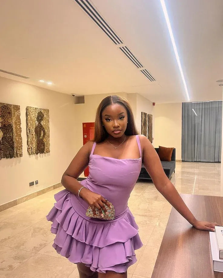 Chic Square Neck Spaghetti Strap Tiered Ruffle Short Party Mini Dress