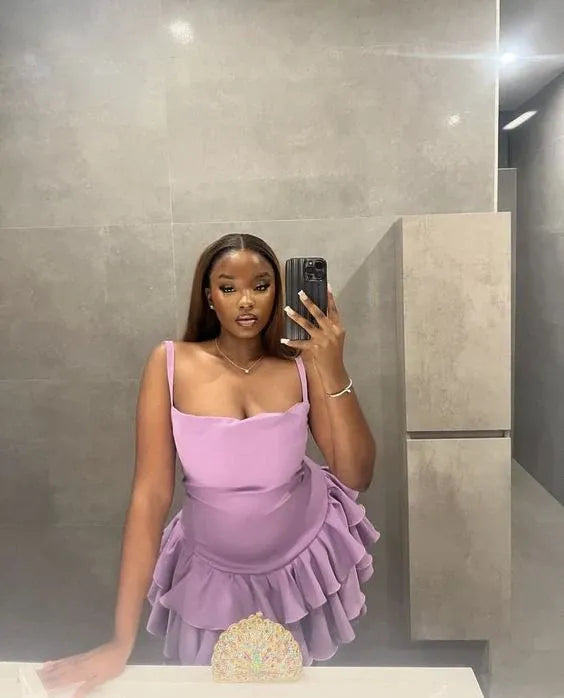 Chic Square Neck Spaghetti Strap Tiered Ruffle Short Party Mini Dress