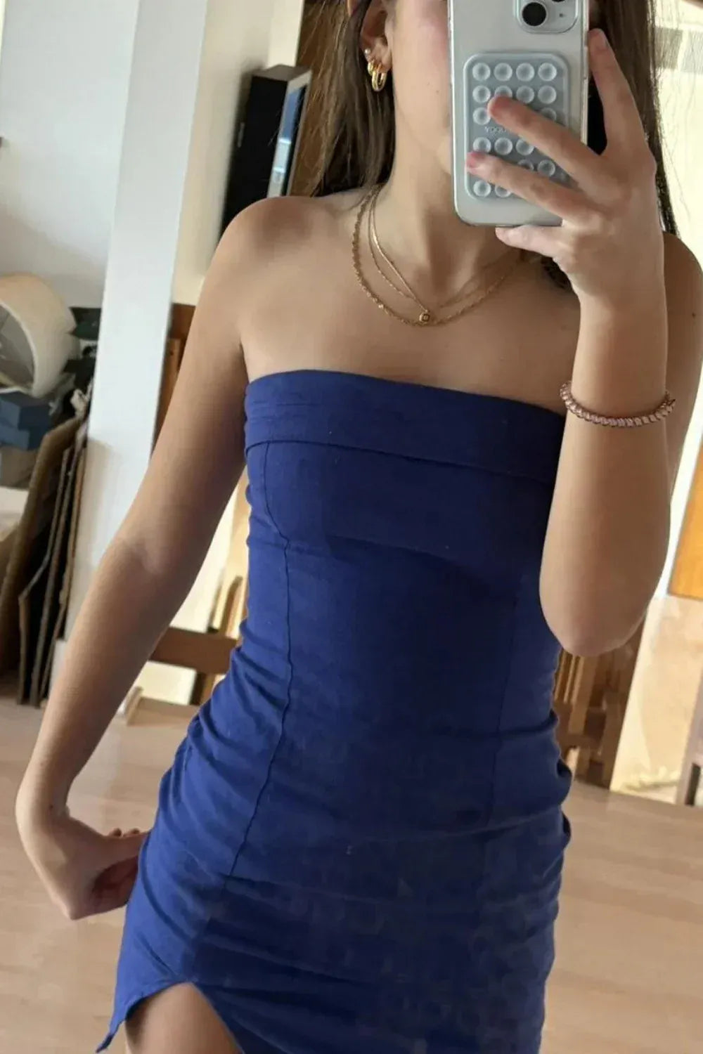 Chic Strapless Bodycon Mini Dress with Side Slit