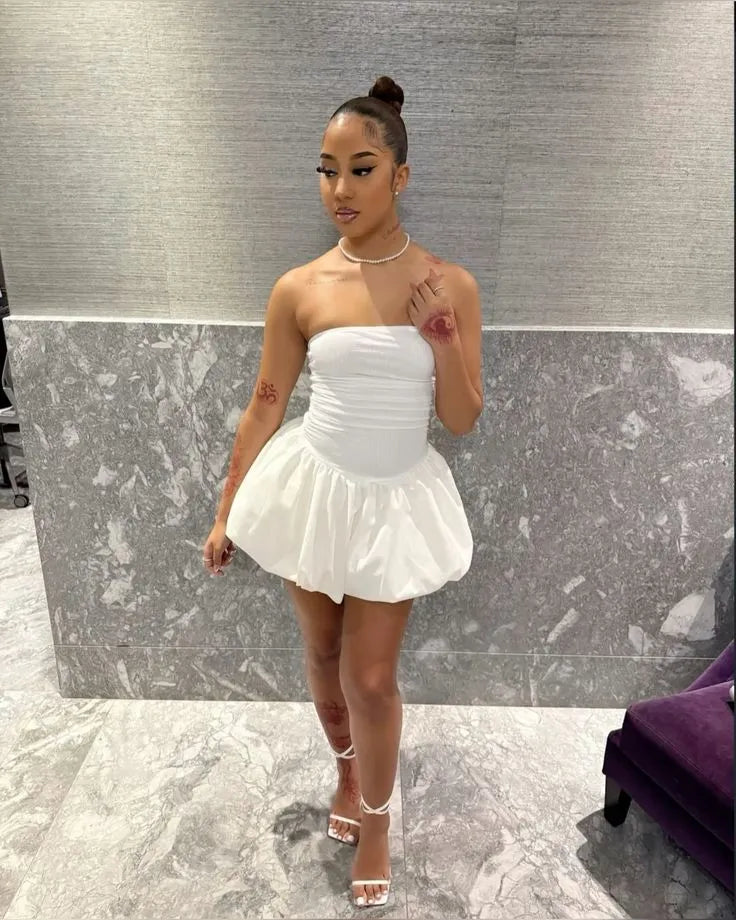 Chic Strapless Ruched Bubble Hem Mini Dress