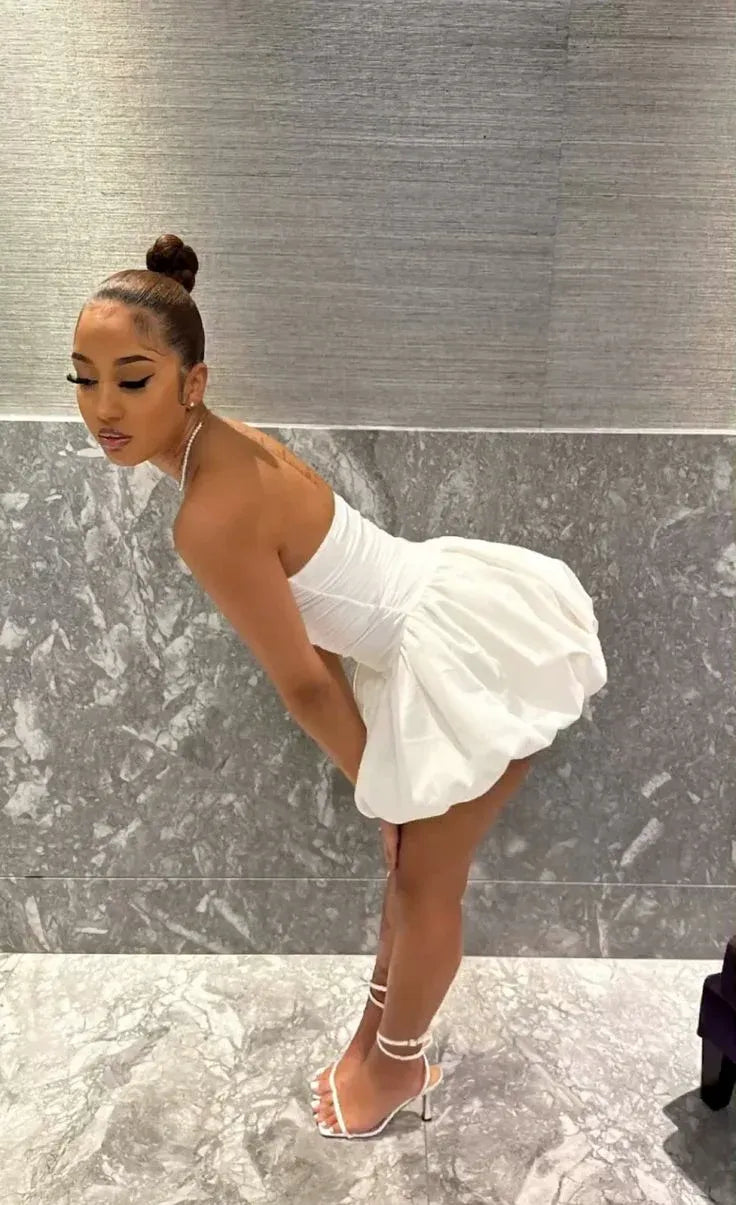 Chic Strapless Ruched Bubble Hem Mini Dress