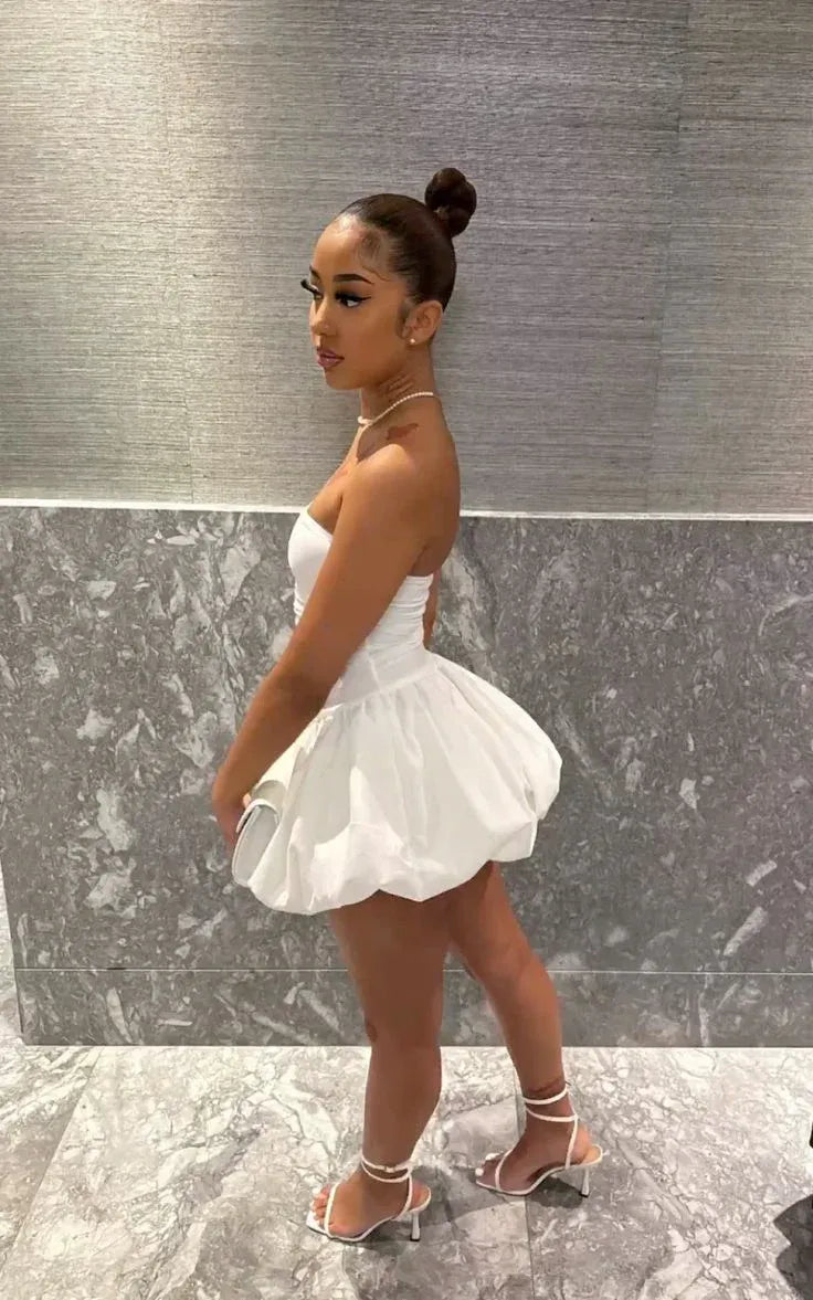 Chic Strapless Ruched Bubble Hem Mini Dress