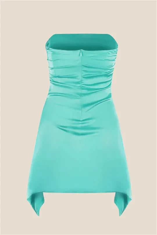 Chic Strapless Ruched Satin Asymmetrical Hem Mini Dress