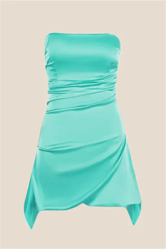 Chic Strapless Ruched Satin Asymmetrical Hem Mini Dress