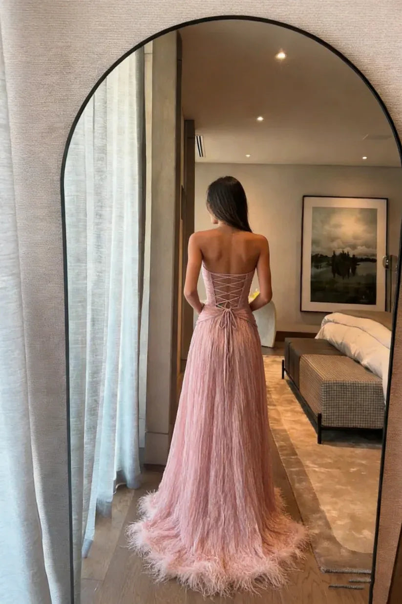 Chic Strapless Sweetheart Corset Back Feather Hem Floor Length Evening Dress